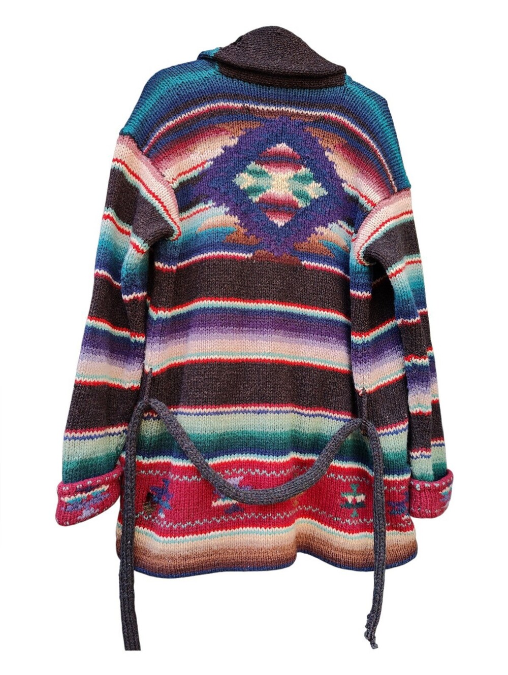Rare Ralph Lauren Hand Knit 100% Wool Belted Shawl Cardigan Southwestern Boho S